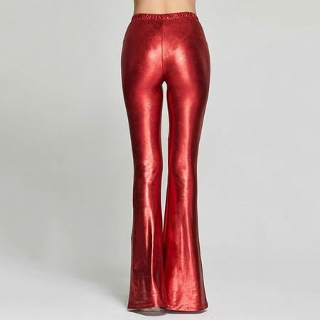 Women Smooth Solid Color High Waist Faux Leather Slim Bell-bottom Trousers Pants